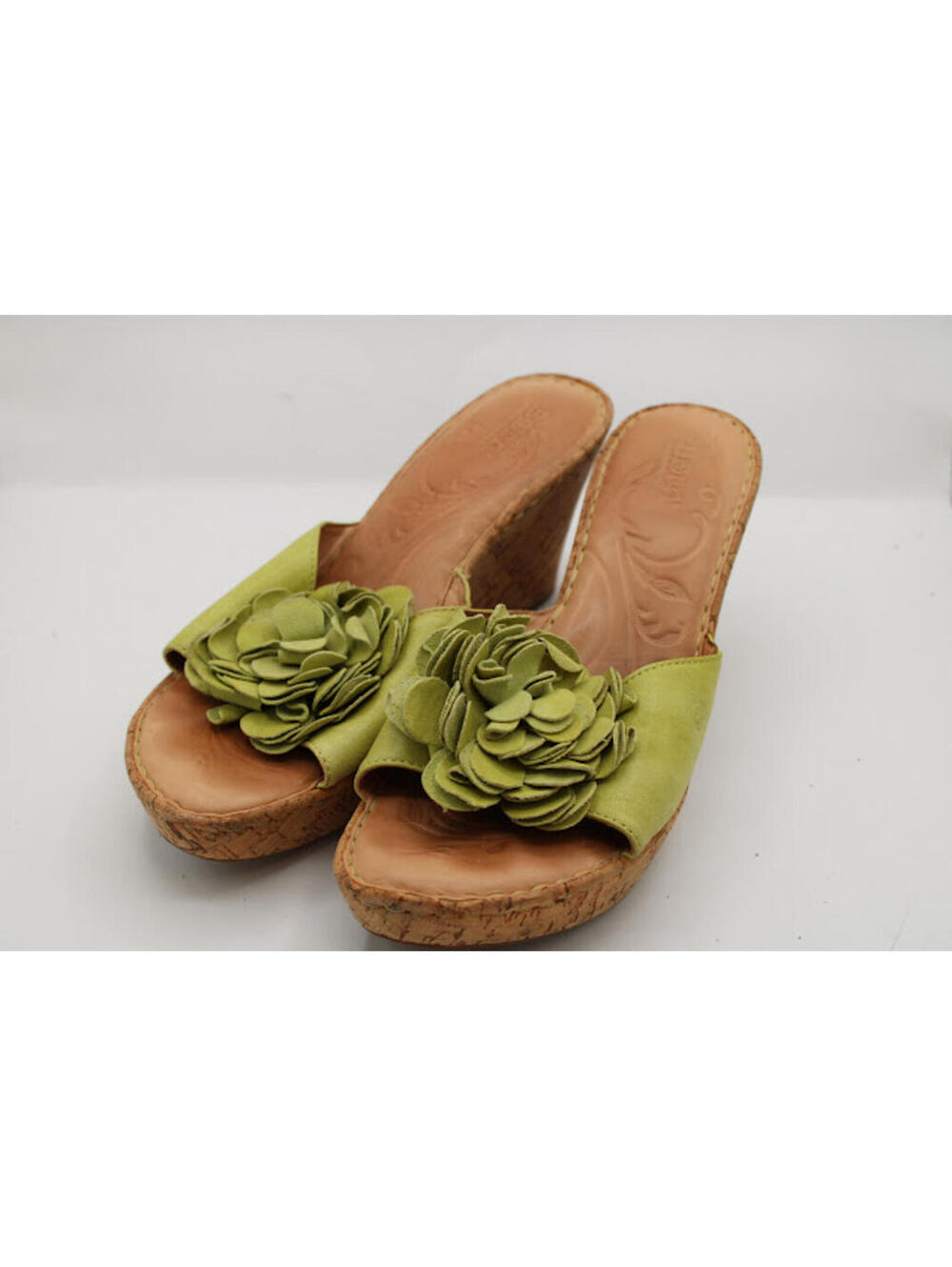 Born Leather Green Floral Slip On Wedge Sandals with Cork Platform Women Size 11
